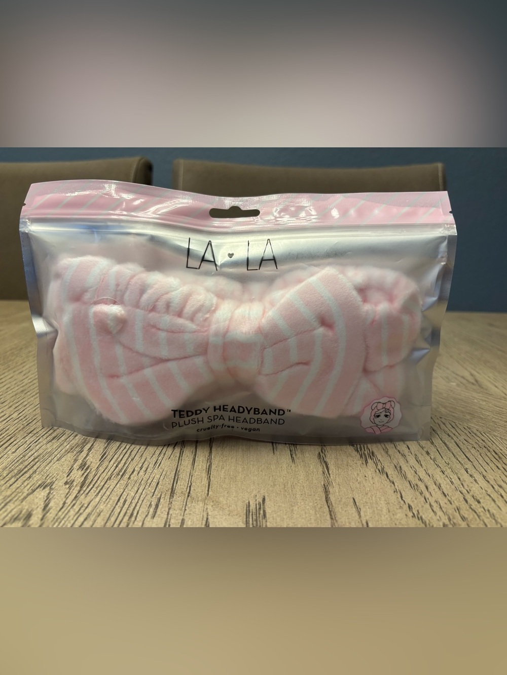 La ♥ La Teddy Plush Spa Headband Pink White Striped Bow New